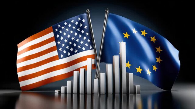 United States and European Union flags crossed over a reflective surface with an ascending bar chart, symbolizing trade ties, investment growth, economic partnership and diplomacy