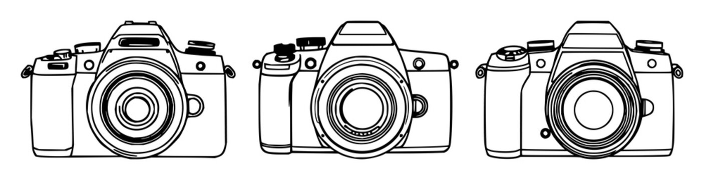 Digital camera set with simple outline design featuring electronics, technology, photography with device and gadget