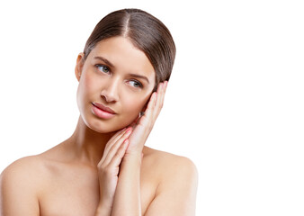 Fototapeta premium Skincare, thinking and woman with beauty, space and relax with soft texture in studio mockup. Dermatology, cosmetics and girl with confidence, clean skin and facial glow isolated on white background.