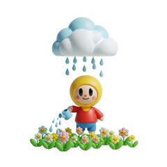 Obraz premium Child watering smiling flowers under rain cloud