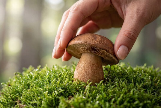 Woman hand picking an edible wild mushroom from green moss in the forest