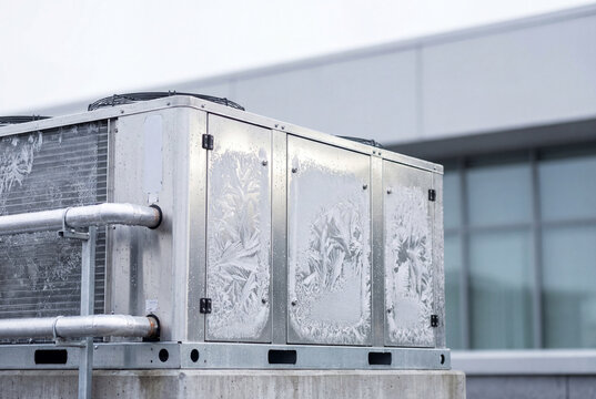 Industrial rooftop HVAC unit with frost patterns on a cold winter day