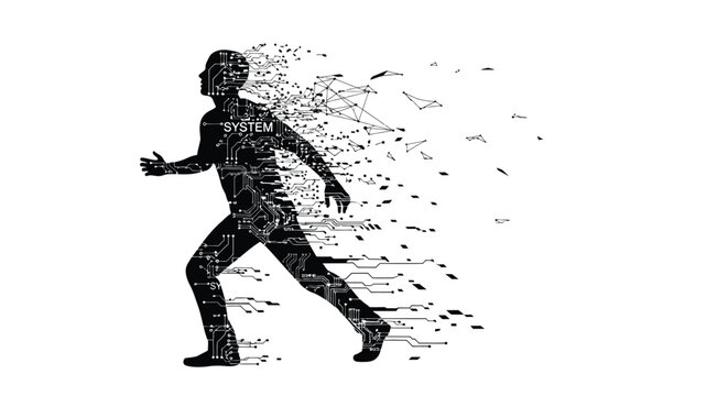 Disintegrating human figure representing transformation and digital breakdown concept