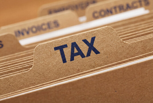 Close up of a tax file folder tab for financial accounting and documents