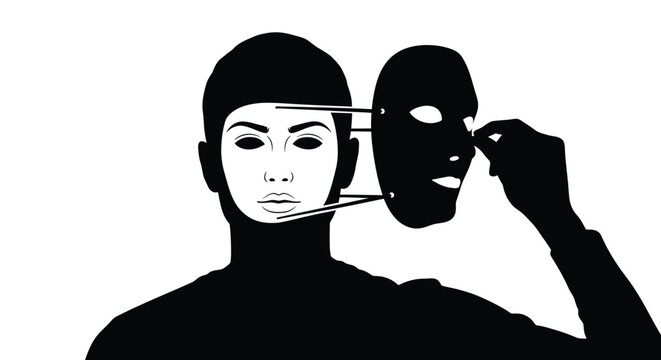 Dual personality mask concept showing identity and hidden emotions illustration
