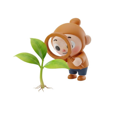 Cute monkey scientist examining young plant