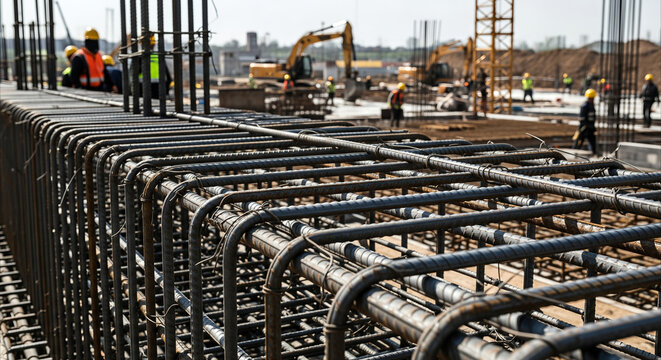 Steel rebar cage forms geometric pattern on construction site with workers and excavators in background