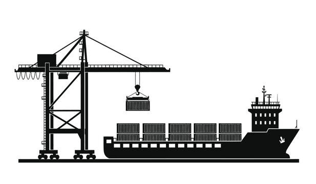harbor crane and cargo ship silhouette against a white background industrial port logistics and international trade high quality professional detailed modern elegant stylish clean