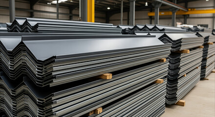 Naklejka premium Stacked dark gray metal roofing panels in warehouse, showing texture and pattern for construction or design