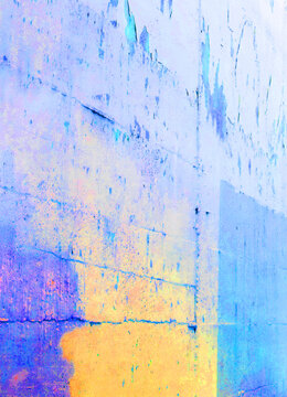 distressed, weathered, chipped, grunge, grungy painted wall backdrop, background, wallpaper, border, frame in PASTEL PURPLE, ORANGE, YELLOW, BLUE, textured, rough, texture, wall, grungy, dirty, design
