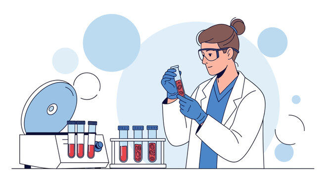 Scientist examining blood sample in laboratory with centrifuge and test tubes