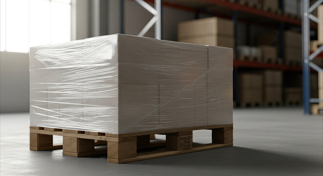 Warehouse pallet with shrink-wrapped cargo for logistics and supply chain management, offering copy space