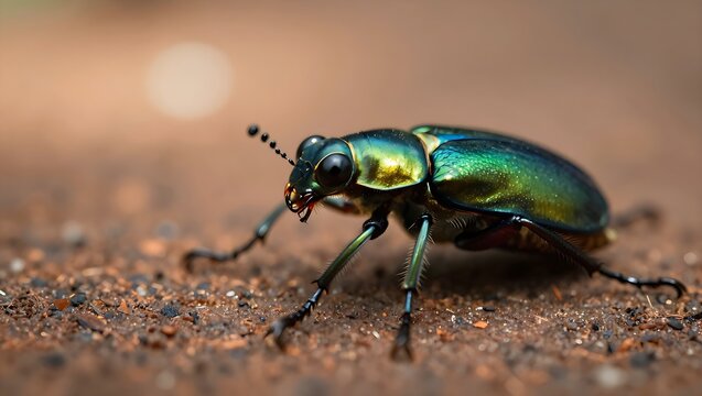 Iridescent six-spotted tiger beetle on sandy soil in natural light