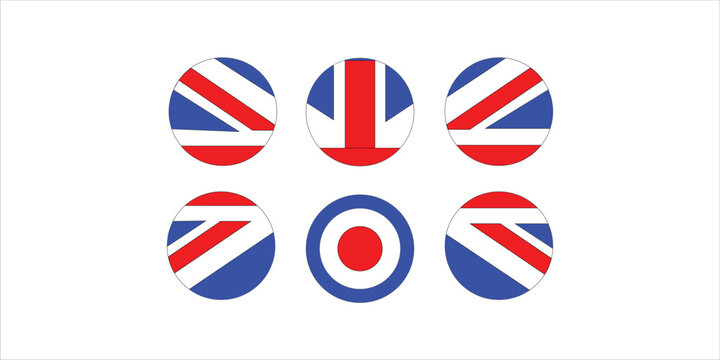 Set of six British flag circle icons on white background