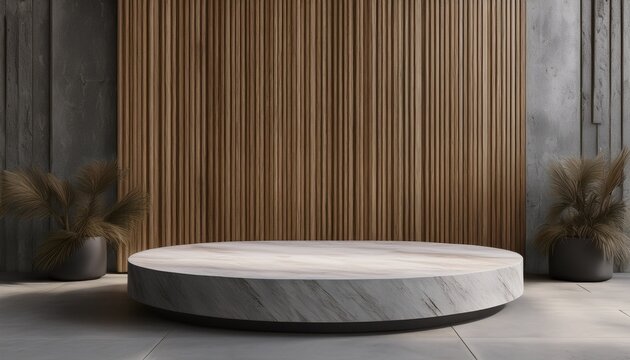 studio room for product presentation against the background of a concrete wall empty 3d marble podium with vertical wooden panels slats premium mockup for beauty or food
