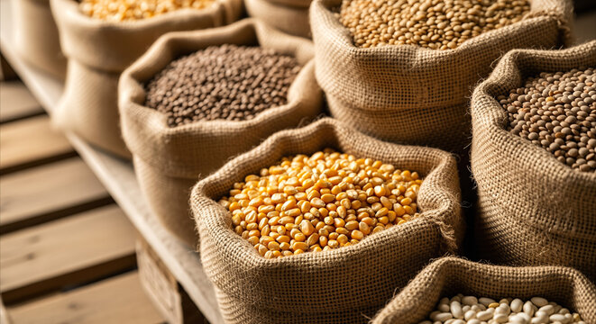 Burlap sacks filled with diverse agricultural seeds on a wooden pallet, highlighting natural textures and vibrant colors, for organic farming and harvest concepts
