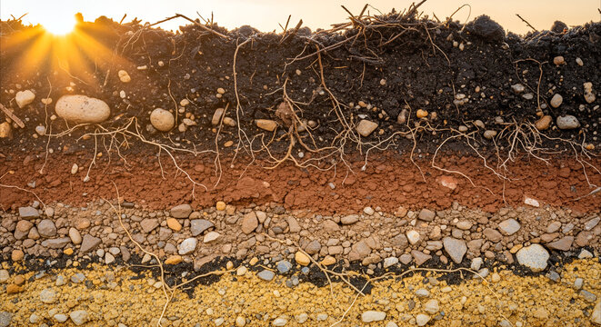 Soil cross-section reveals distinct horizontal layers and root systems under golden hour sun, ideal for agriculture and science education.