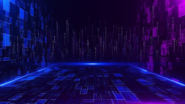 Futuristic digital corridor filled binary data streams glowing grid floor immersive cyber environment depth perspective. technology visuals, data processing csci fi scenes, modern digital presentation