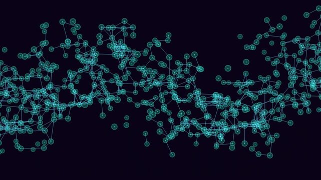 Futuristic data network visualization with connected points and lines forming clusters on a dark background, representing communication, internet, and cybersecurity