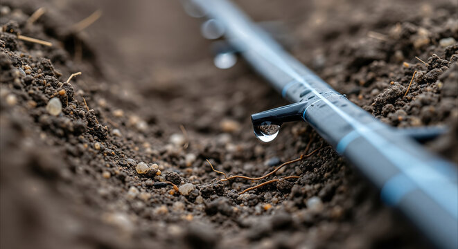 Close-up of water drop falling from drip irrigation tape onto rich soil, showcasing modern precision farming and water conservation.