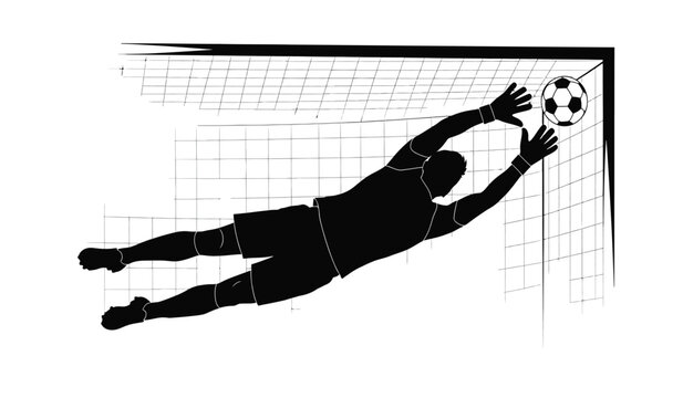 silhouette of a soccer goalkeeper diving to save a ball in front of a net high quality professional detailed modern elegant stylish clean crisp