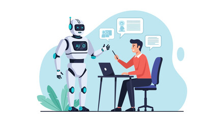 Fototapeta premium AI robot assisting businessman with laptop, modern technology and collaboration concept