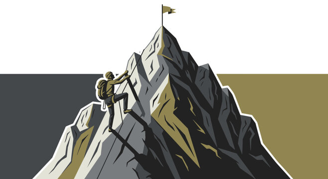 Adventurous climber scaling a steep mountain peak to reach the summit flag, symbolizing success and achievement.