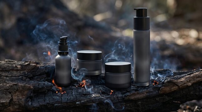 Outdoor skincare mockup with bottles and containers on a burning log in a forest