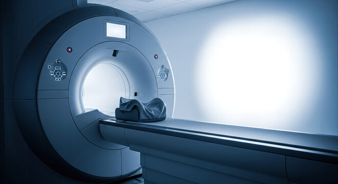 Modern MRI scanner machine in clinical setting with patient table and headrest, advanced medical technology for diagnostics