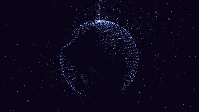 Futuristic 3D globe formed by blue light particles and dots, rotating in a starry dark space. Concept for global network, data visualization, technology and cosmos