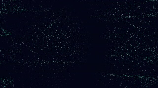 Abstract footage of teal glowing particles forming flowing waves and clusters on a dark background, futuristic digital data visualization with depth and copy space