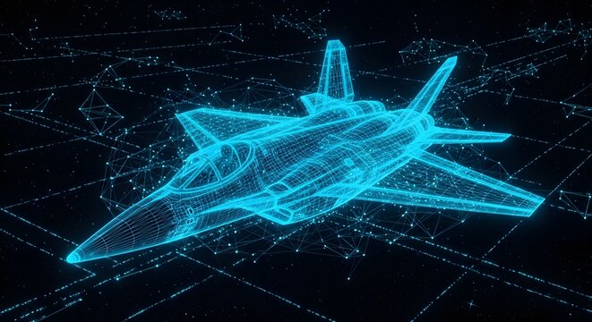 Futuristic digital wireframe of a stealth fighter jet over a cybernetic data grid representing aerospace technology