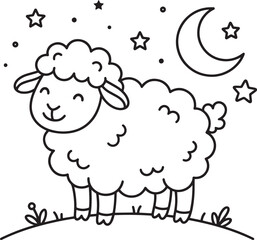 Obraz premium cute cartoon sheep under crescent moon and stars at night pastoral scene illustration