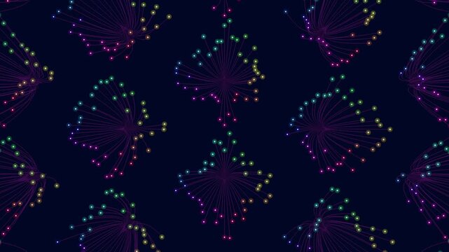 Footage of glowing multicolor particles forming radial network bursts on a dark blue background, futuristic data visualization and digital communication concept