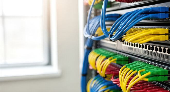 Colorful network cables connect to a patch panel in a brightly lit server room, symbolizing organized data flow and modern technology.