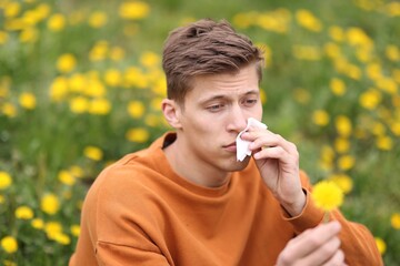 Fototapeta premium Man with paper tissue and dandelion suffering from seasonal pollen allergy among flowers on spring day