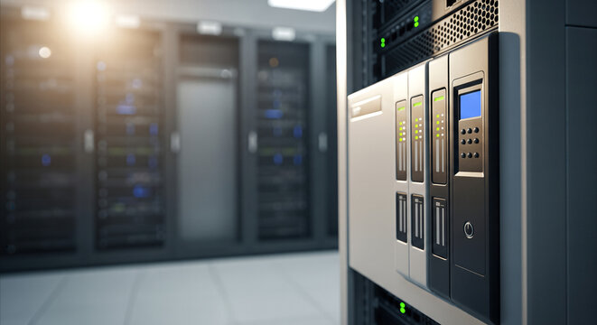 Modern server room with close-up of UPS rack, battery indicators, and control panel, bright sunlight.