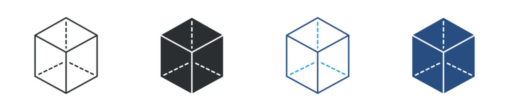 3D cube wireframe icon set. geometric box with dashed edges. modeling and structure concept. vector illustration.