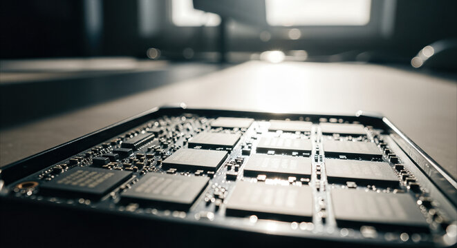 Close-up of a solid-state drive circuit board with flash memory chips and controller, highlighting technology and data storage.