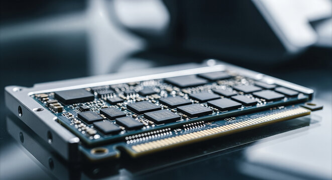 Close-up of a solid-state drive circuit board with intricate flash memory chips and connectors, highlighting advanced technology and precision engineering.