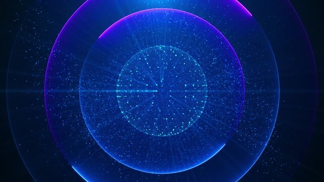 Blue digital sphere neon rings, glowing particles, futuristic network depth creating advanced technology atmosphere. AI visuals, data themes, science cyber backgrounds, modern digital presentations.