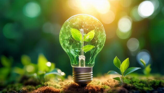 a glowing light bulb with plant idea data green tech colour color and blurry background