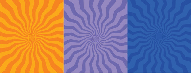 Fototapeta premium Set of Retro Psychedelic Wavy Sunburst Backgrounds – Vibrant Orange, Lavender Purple, and Deep Blue Optical Illusion Swirl Patterns for Modern Social Media, Posters, and Creative Graphic Design Projec