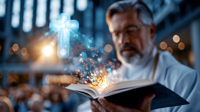 Church service with priest reading the Bible and radiant light from the pages