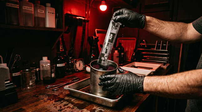 Hands wearing black gloves developing film strip in darkroom with red light, showing reel in can, trays and chemicals on table.