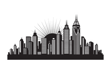 Obraz premium Dramatic city skyline silhouette a modern urban landscape with sunburst effect