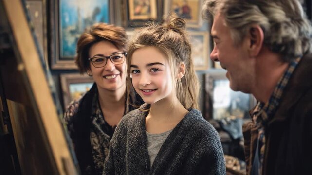 Family admiring artwork in a gallery, sharing a moment of appreciation and learning