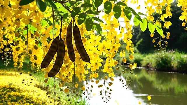 Golden shower tree flowers and seed pods over calm river