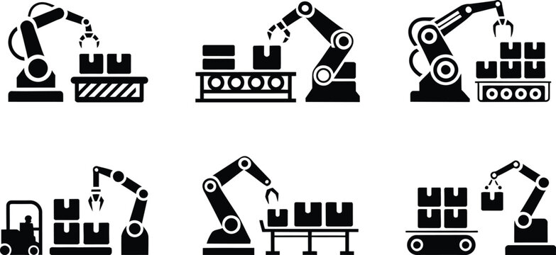Smart robot arm pack box belt line vector icon set