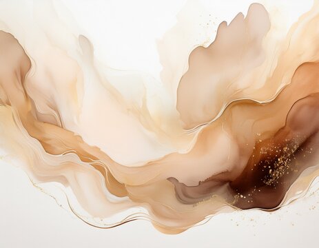 a soft abstract watercolor stain in beige and brown hues on a white background copy space